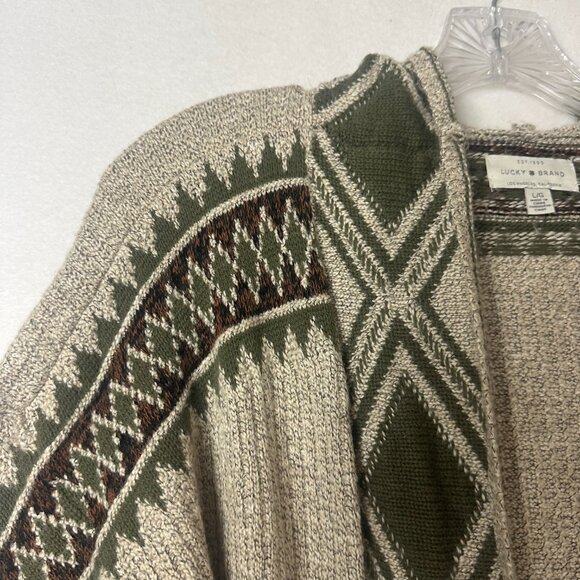 Lucky Brand Cardigan Sweater Women L Green Tan Tribal Hooded Open Front Chunky - Picture 3 of 6
